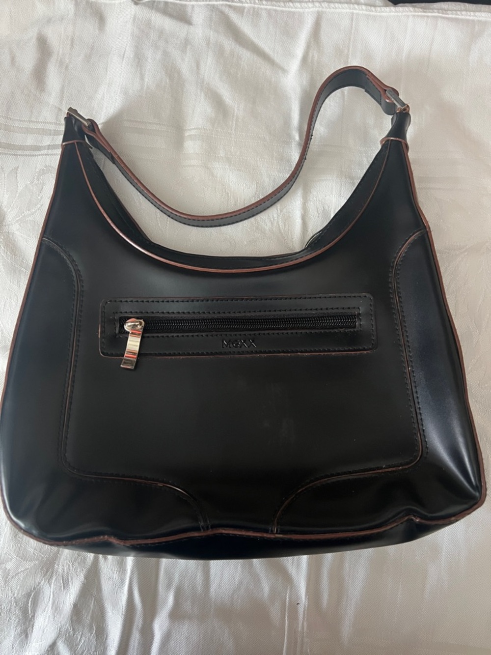 Black Shoulder Bag with Brown Trim